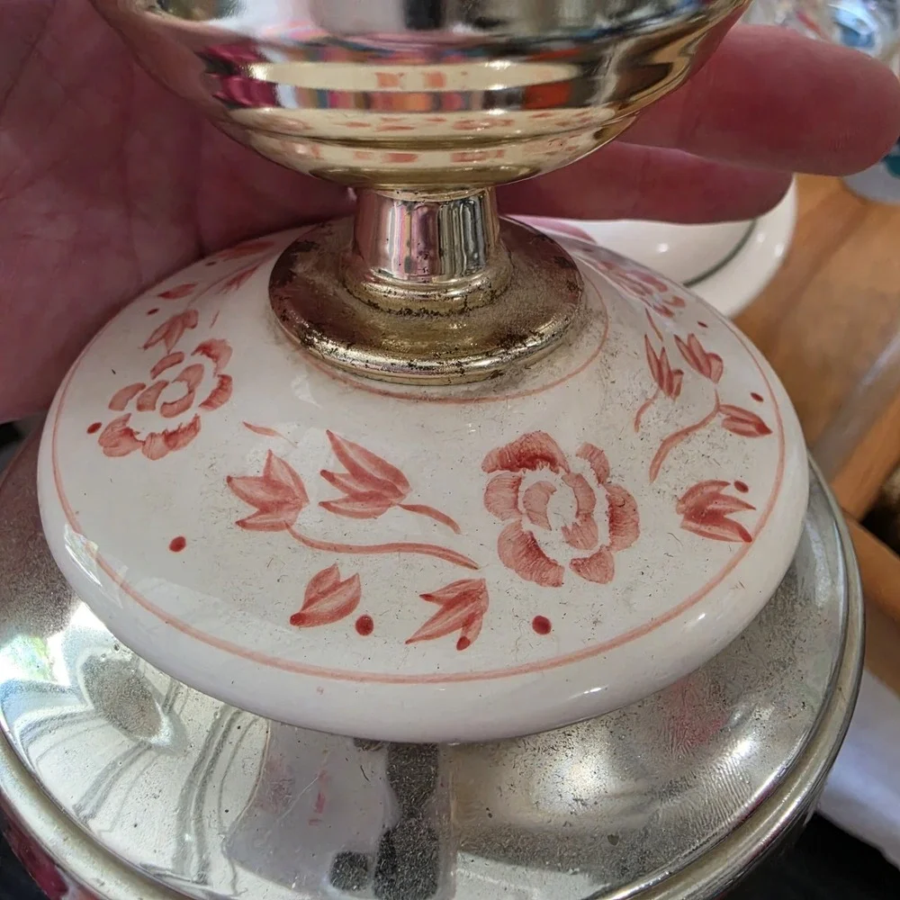 Hurricane Lamp Candle Holder Ceramic on Metal Base Glass Globe 13